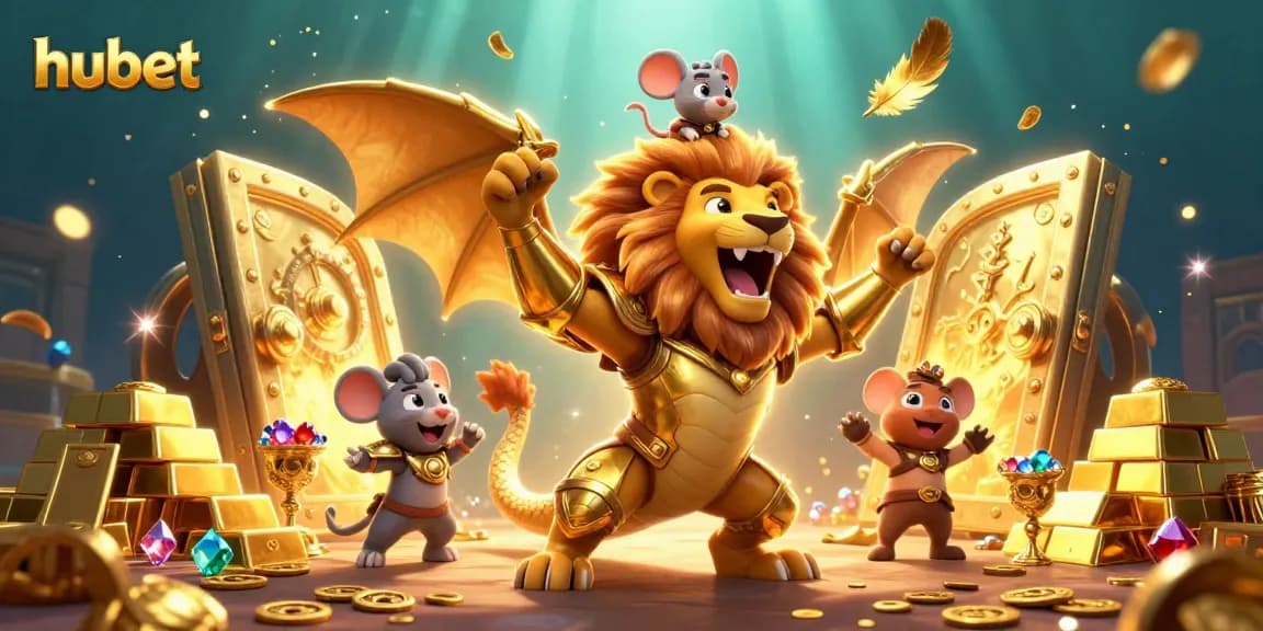 Win big with hubet's captivating 3D illustration showcasing a golden chimera, treasures, and dynamic gaming elements.