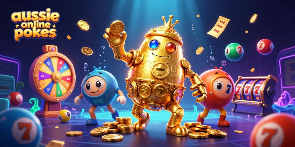 Spin the reels of aussie online pokies with a gold golem amidst vibrant casino action.