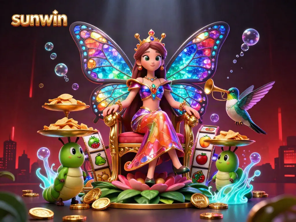 Experience thrilling gameplay at sunwin with vibrant symbols and engaging characters in a casino-themed scene.