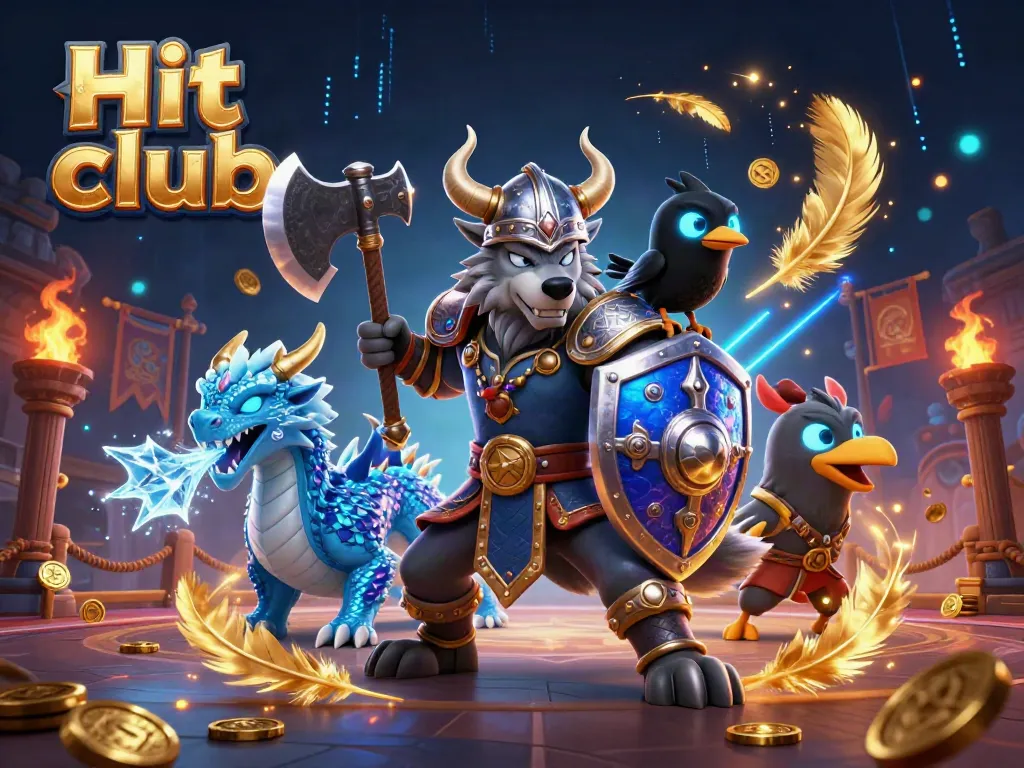 Engage in thrilling gameplay at Hit club with Viking, dragon, and raven amidst an exciting gaming arena.