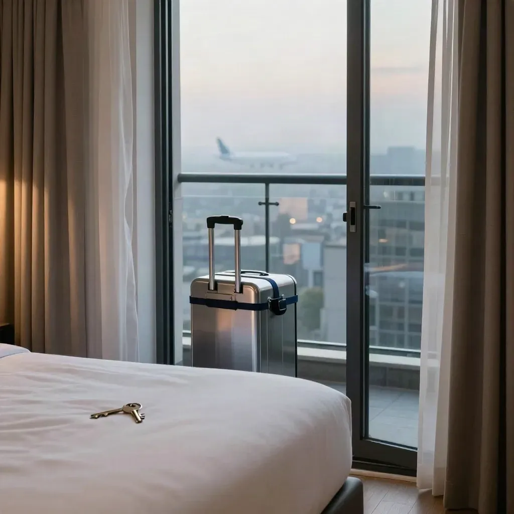 Stille citytrip-hotelkamer met open balkon, rolkoffer en vliegtuigstaart in de verte.