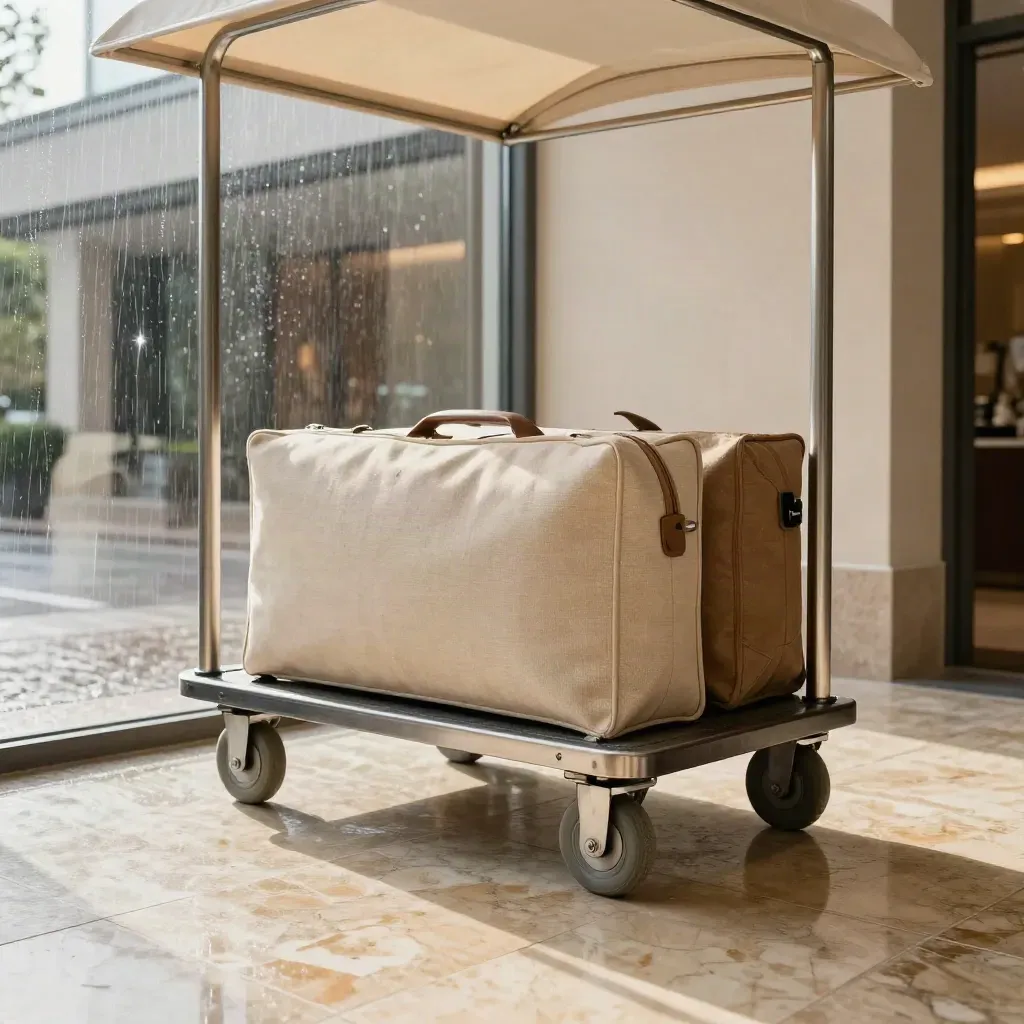 Twee trolleys onder een glazen luifel bij regen, met paraplu en reisetui in een droge entree.