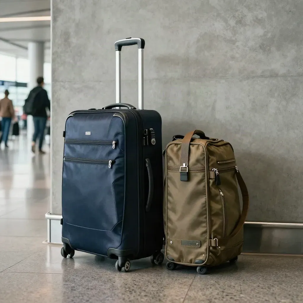 Diepblauwe rolkoffer en compacte tas in stille terminal met zachte vloerreflecties.
