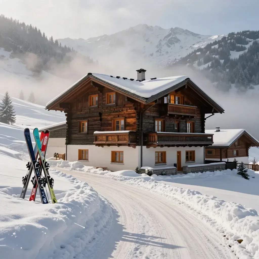 Besneeuwd Tiroler chalet met warme ramen, ski-racks en een schone oprit in vallende sneeuw.