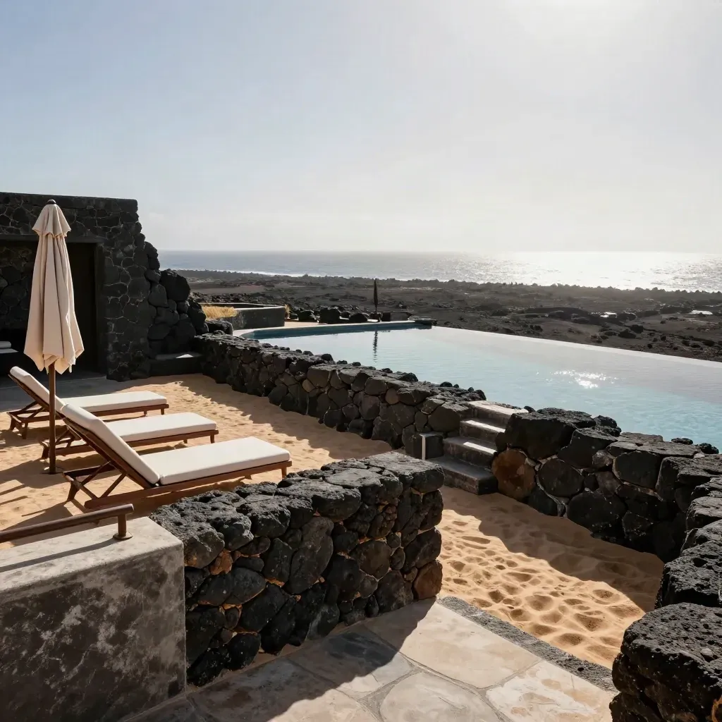Leeg Lanzarote-terras met lava, ligstoelen en rustig zwembad aan de rotsrand.