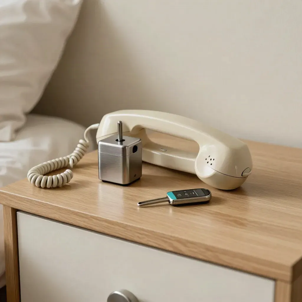 Telefoonhoorn, oplader en room-key fob op een rustige hotelnachtkast.