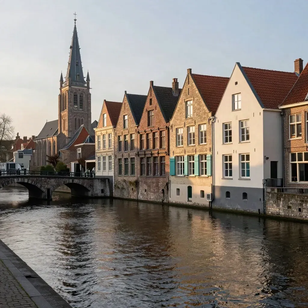 Kanaal in Zuid-Holland met lage brug, kerktoren en warm gouden avondlicht.