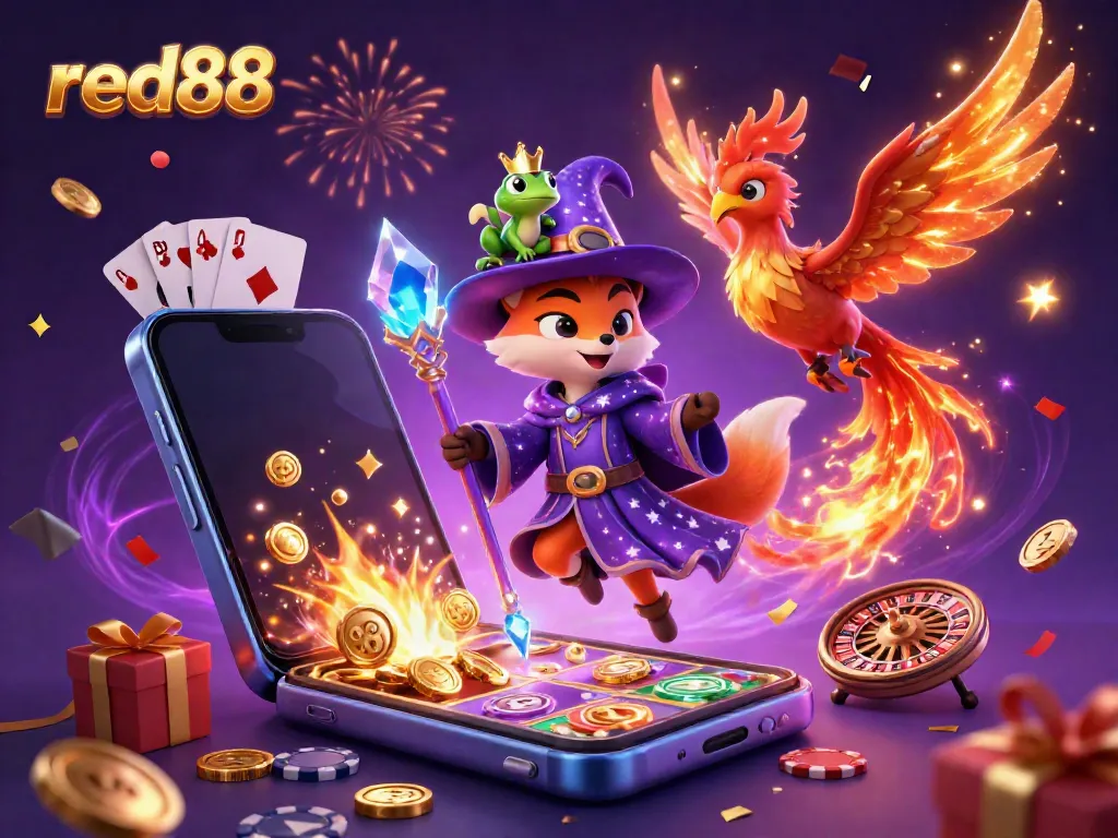 Experience thrilling gameplay with red88's 3D cartoon wizard and phoenix surrounded by exciting casino elements.