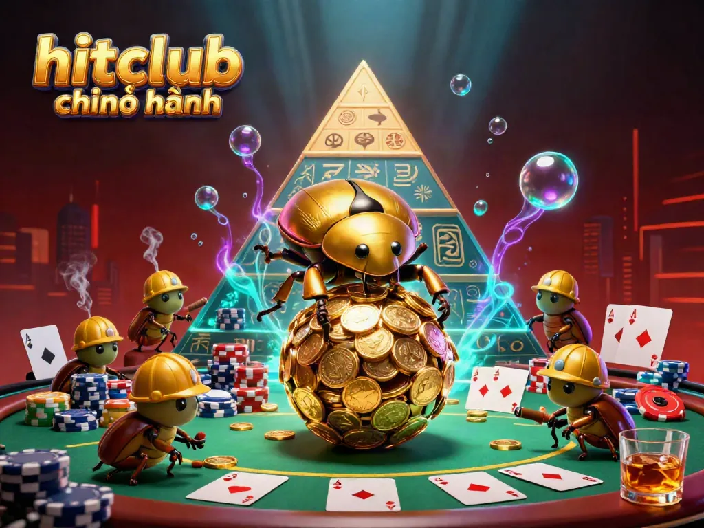 Experience hitclub chính hãng with golden dung beetles rolling coins in a vibrant casino scene.