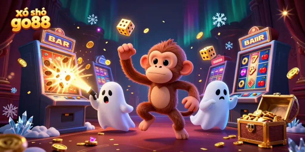 Engage with xổ số go88 in a lively casino scene filled with golden coins and vibrant characters.