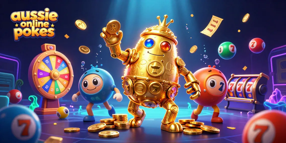 Spin the reels of aussie online pokies with a gold golem amidst vibrant casino action.