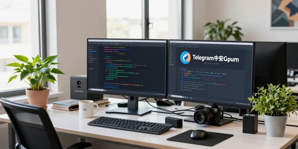 Customizing Telegram Chinese Version interface at a modern tech workspace with vibrant coding environment.