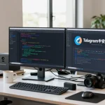Customizing Telegram Chinese Version interface at a modern tech workspace with vibrant coding environment.