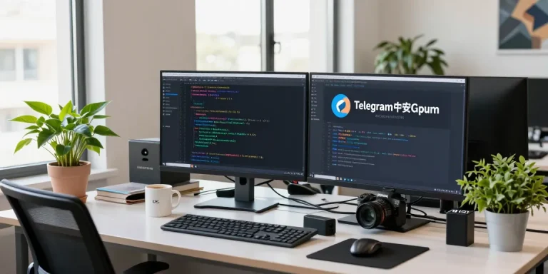 Customizing Telegram Chinese Version interface at a modern tech workspace with vibrant coding environment.